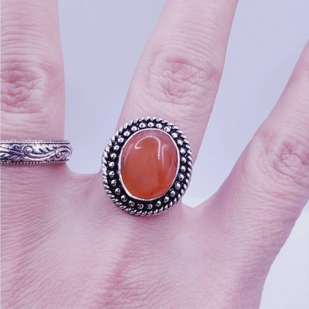 Genuine Bezel Set Orange Carnelian 925 Sterling Silver Ring